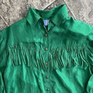 H.E.R. 100% Silk Fringe Button-Up Blouse Shirt Western Coquette Rodeo